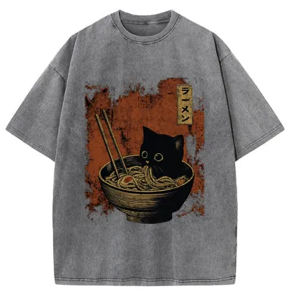 Tokyo-Tiger Retro Cat Eating Japan Ramen Washed T-Shirt
