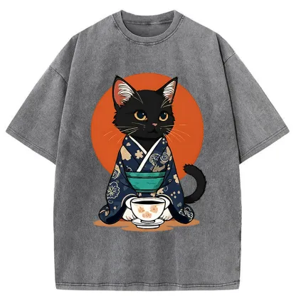 Tokyo-Tiger A Black Cat Wearing A Kimono Washed T-Shirt