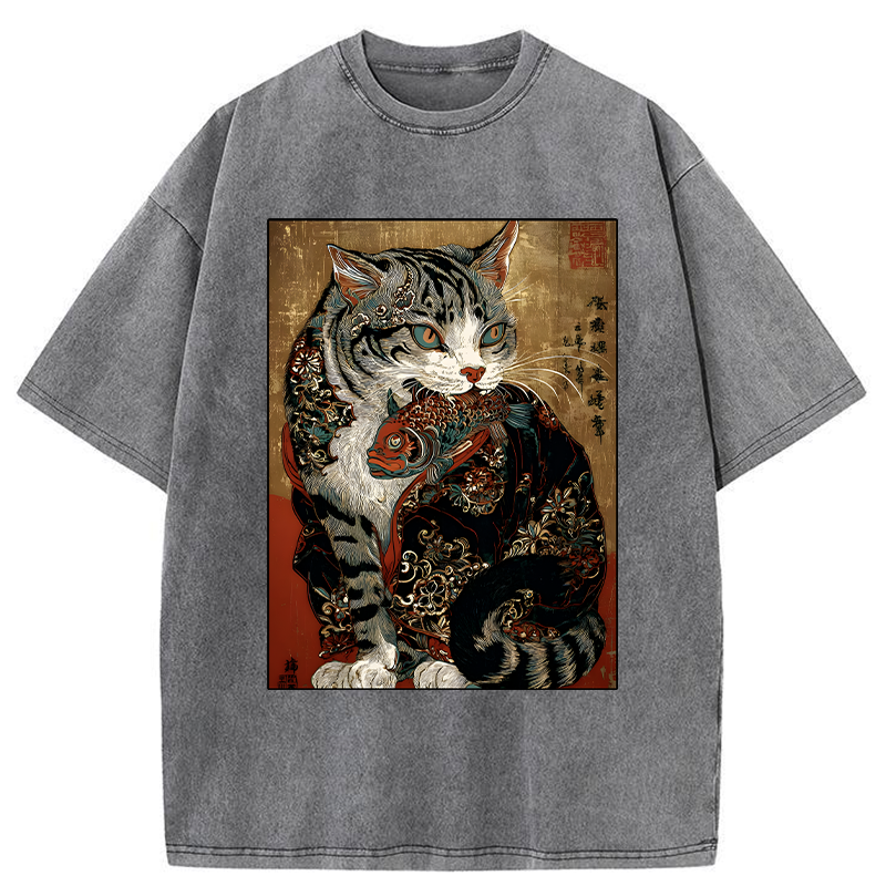 Tokyo-Tiger Gorgeous Cat Eats Fish Washed T-Shirt