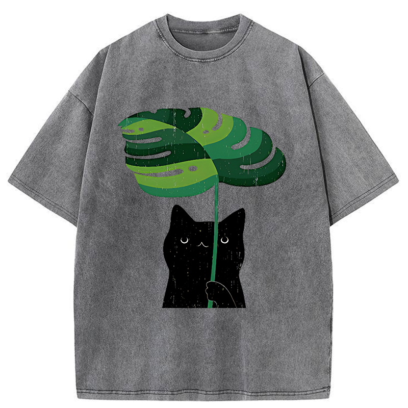 Tokyo-Tiger Monstera Deliciosa And Cat Washed T-Shirt
