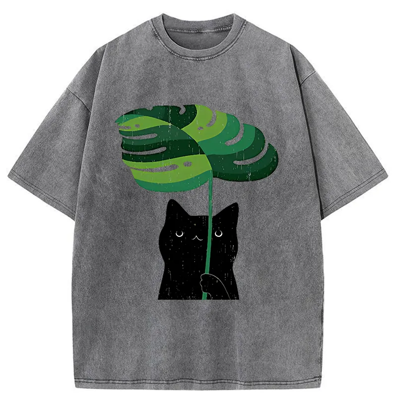 Tokyo-Tiger Monstera Deliciosa And Cat Washed T-Shirt