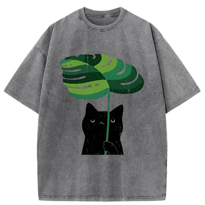 Tokyo-Tiger Monstera Deliciosa And Cat Washed T-Shirt