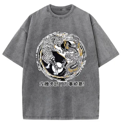 Tokyo-Tiger Dragon And Tiger Battle Washed T-Shirt