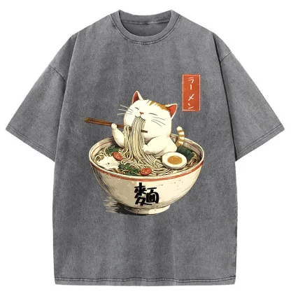 Tokyo-Tiger White Cat Eating Ramen Washed T-Shirt