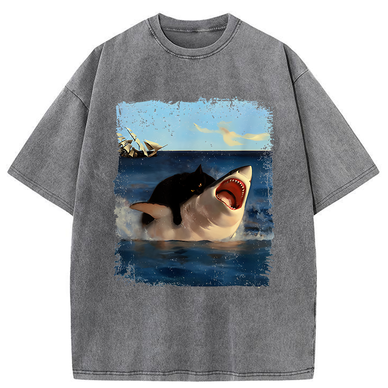 Tokyo-Tiger Cat Bites Shark Washed T-Shirt