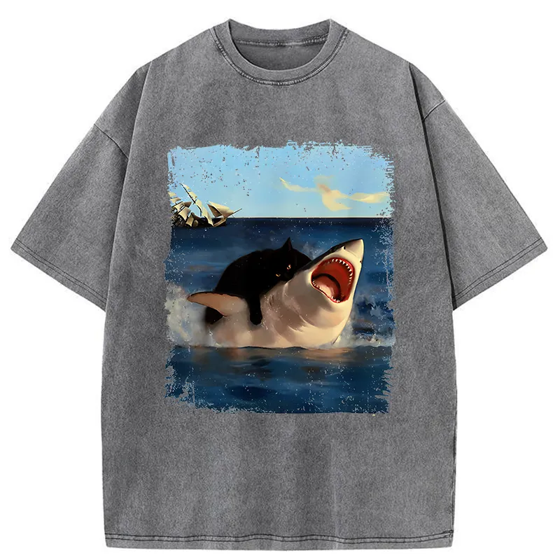 Tokyo-Tiger Cat Bites Shark Washed T-Shirt
