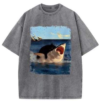 Tokyo-Tiger Cat Bites Shark Washed T-Shirt