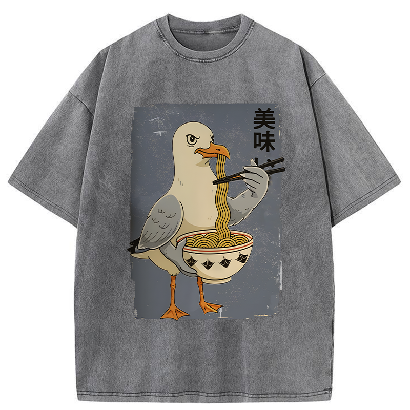 Tokyo-Tiger Pigeons Eating Ramen Washed T-Shirt