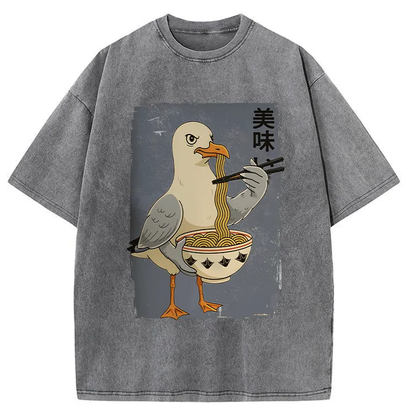 Tokyo-Tiger Pigeons Eating Ramen Washed T-Shirt
