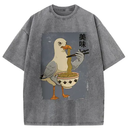 Tokyo-Tiger Pigeons Eating Ramen Washed T-Shirt