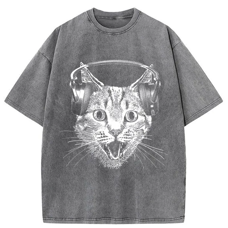 Tokyo-Tiger Cat With Headphones Washed T-Shirt
