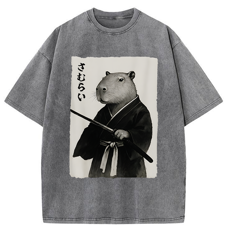 Tokyo-Tiger Capybara Japanese Samurai Washed T-Shirt