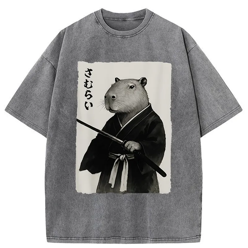 Tokyo-Tiger Capybara Japanese Samurai Washed T-Shirt