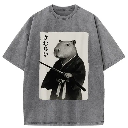 Tokyo-Tiger Capybara Japanese Samurai Washed T-Shirt