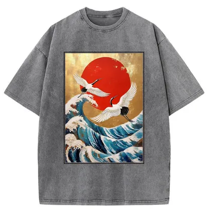 Tokyo-Tiger Cranes And Waves Ukiyo-e Washed T-Shirt