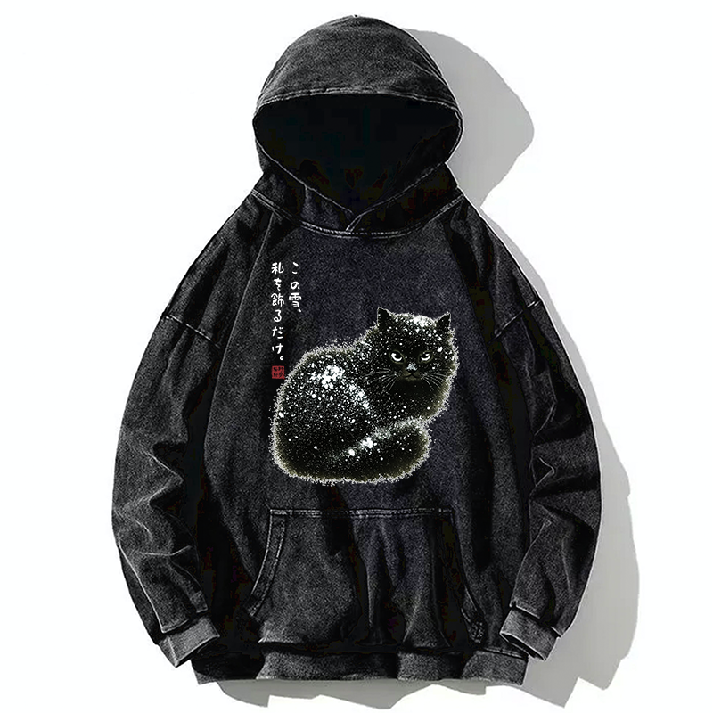 Tokyo-Tiger Black Cat Adorned by Snow Washed Hoodie
