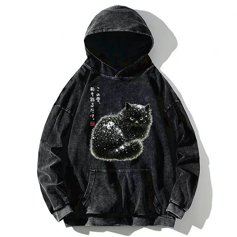 Tokyo-Tiger Black Cat Adorned by Snow Washed Hoodie