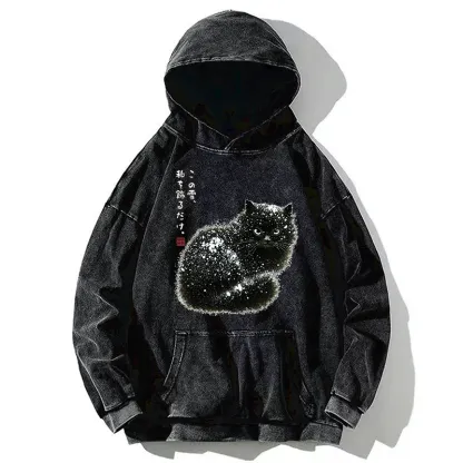 Tokyo-Tiger Black Cat Adorned by Snow Washed Hoodie