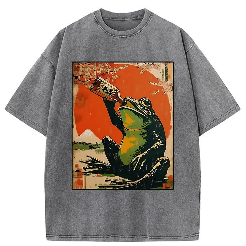 Tokyo-Tiger Frog Drinking Beer Washed T-Shirt Sale