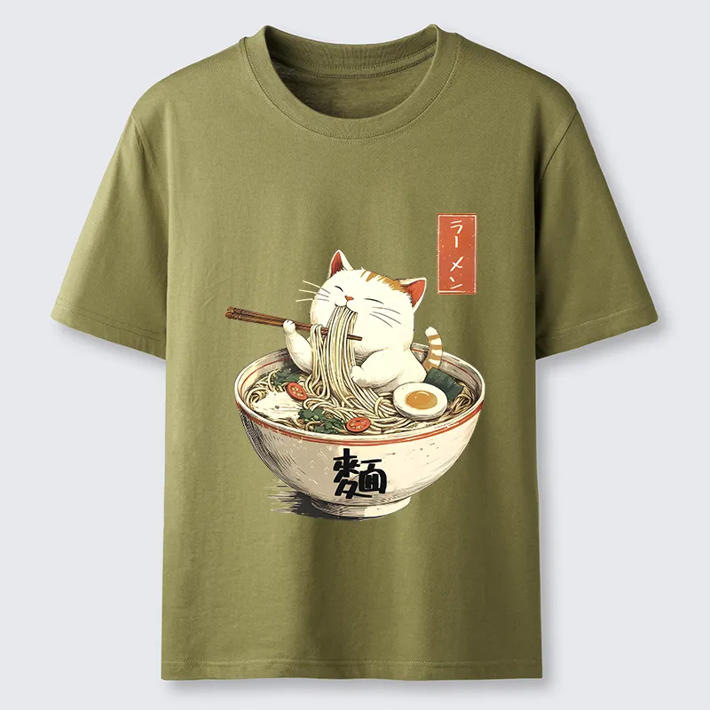 Tokyo-Tiger White Cat Eating Ramen Japan Classic T-Shirt