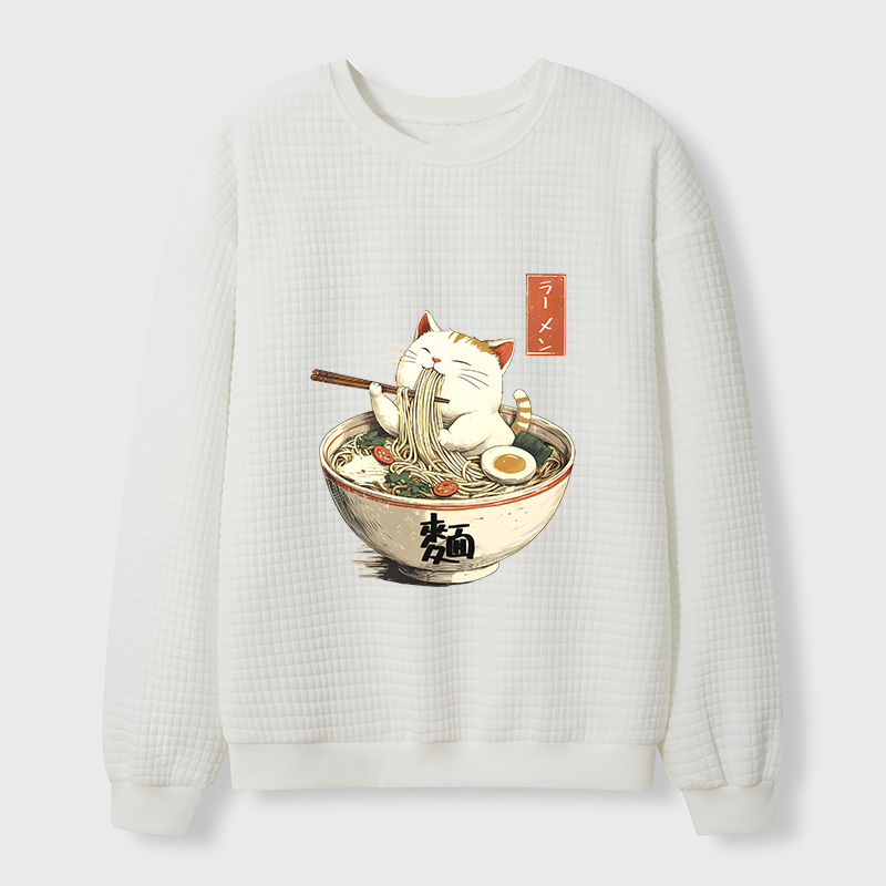 Tokyo-Tiger White Cat Eating Ramen Japan Waffle Sweatshirt