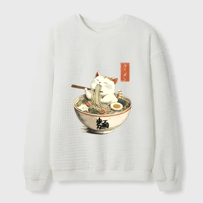 Tokyo-Tiger White Cat Eating Ramen Japan Waffle Sweatshirt