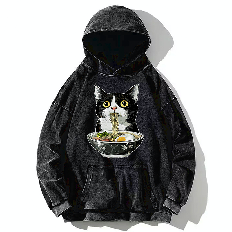 Tokyo-Tiger Cute Cat Eating Japan Ramen Washed Hoodie