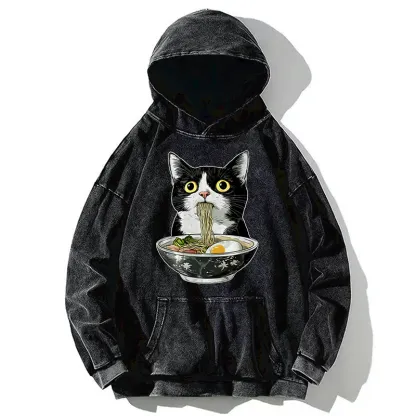 Tokyo-Tiger Cute Cat Eating Japan Ramen Washed Hoodie
