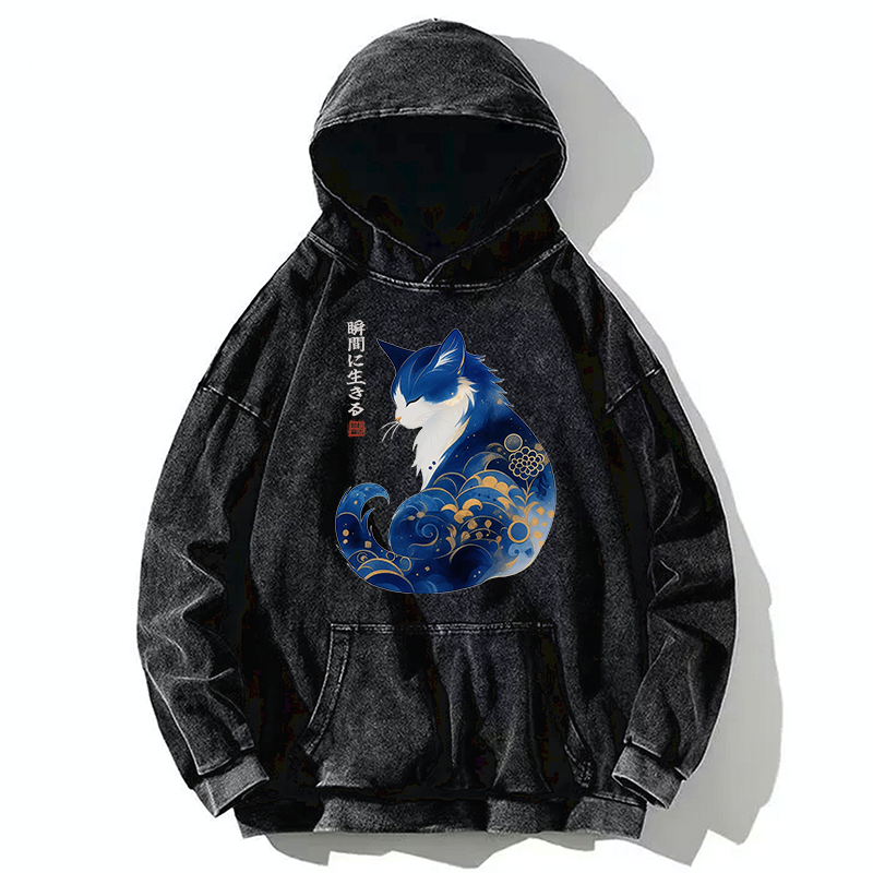 Tokyo-Tiger Retro Zen Cat: Living the Present Washed Hoodie