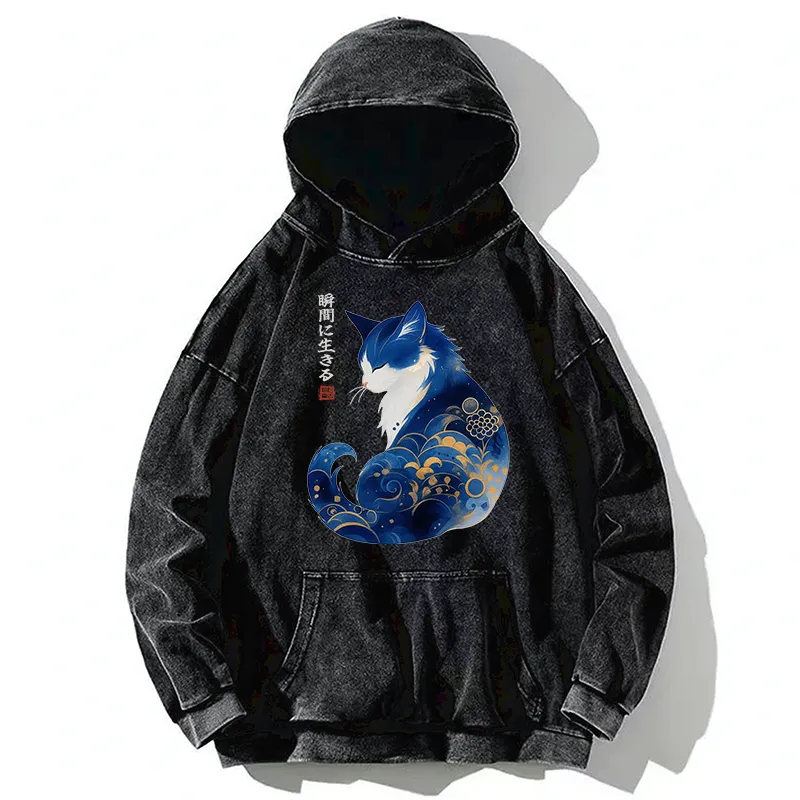 Tokyo-Tiger Retro Zen Cat: Living the Present Washed Hoodie