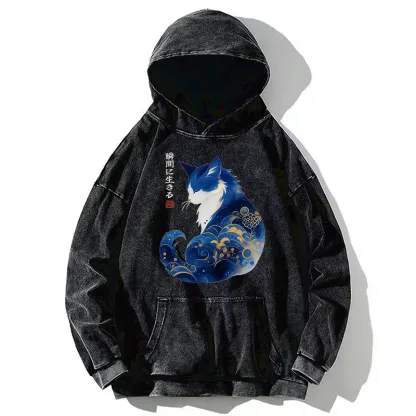 Tokyo-Tiger Retro Zen Cat: Living the Present Washed Hoodie