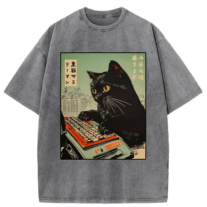 Tokyo-Tiger Cat Typing Washed T-Shirt