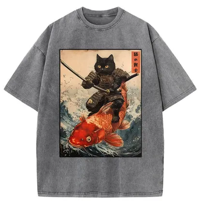 Tokyo-Tiger Cat Samurai Rides Koi Carp Washed T-Shirt