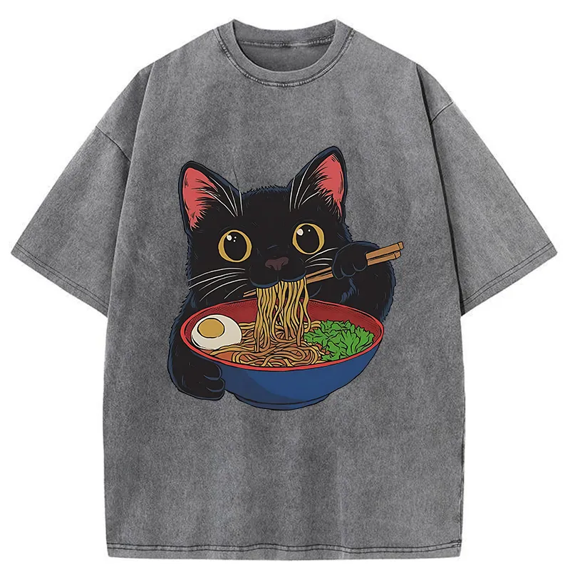 Tokyo-Tiger Black Cat Ate Japan Ramen Washed T-Shirt