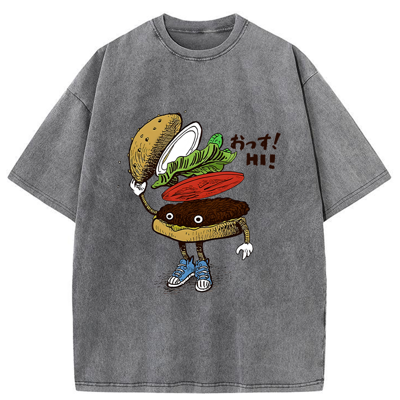 Tokyo-Tiger Hamburger That Says Hello Washed T-Shirt