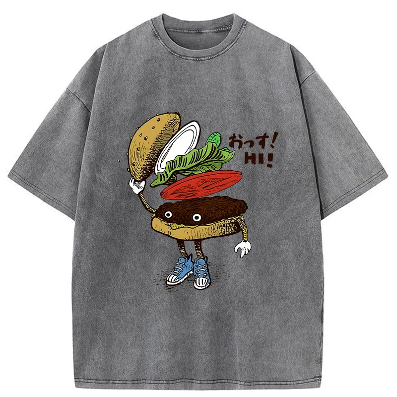Tokyo-Tiger Hamburger That Says Hello Washed T-Shirt