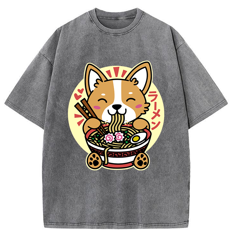 Tokyo-Tiger Corgi Eats Ramen Washed T-Shirt