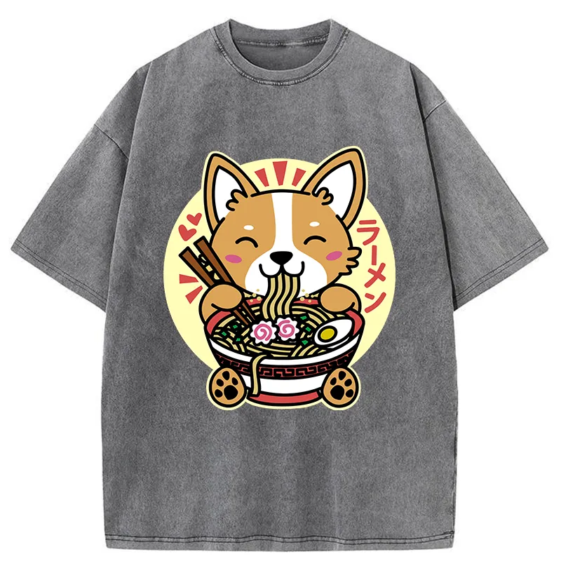 Tokyo-Tiger Corgi Eats Ramen Washed T-Shirt