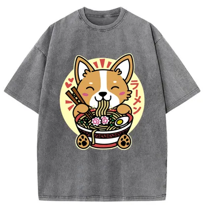 Tokyo-Tiger Corgi Eats Ramen Washed T-Shirt