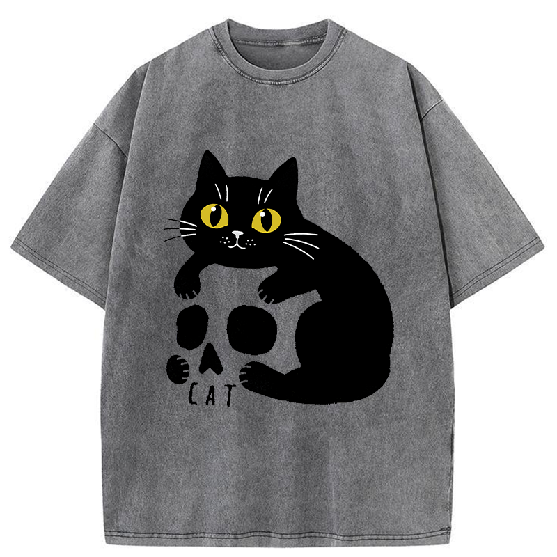 Tokyo-Tiger Cat And Skull Washed T-Shirt
