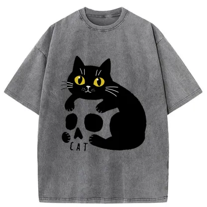 Tokyo-Tiger Cat And Skull Washed T-Shirt