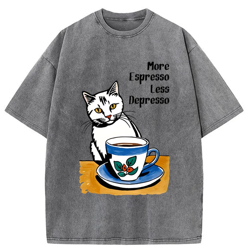 Tokyo-Tiger Cute Cat Drinking Coffee Washed T-Shirt