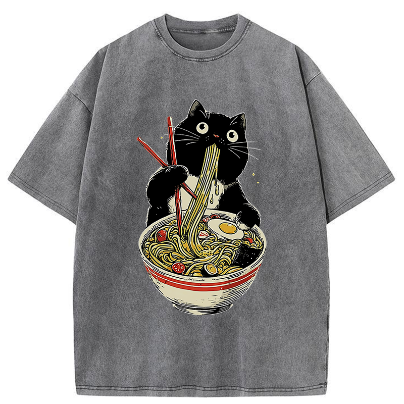 Tokyo-Tiger Black Cat Eats Ramen Japanese Washed T-Shirt