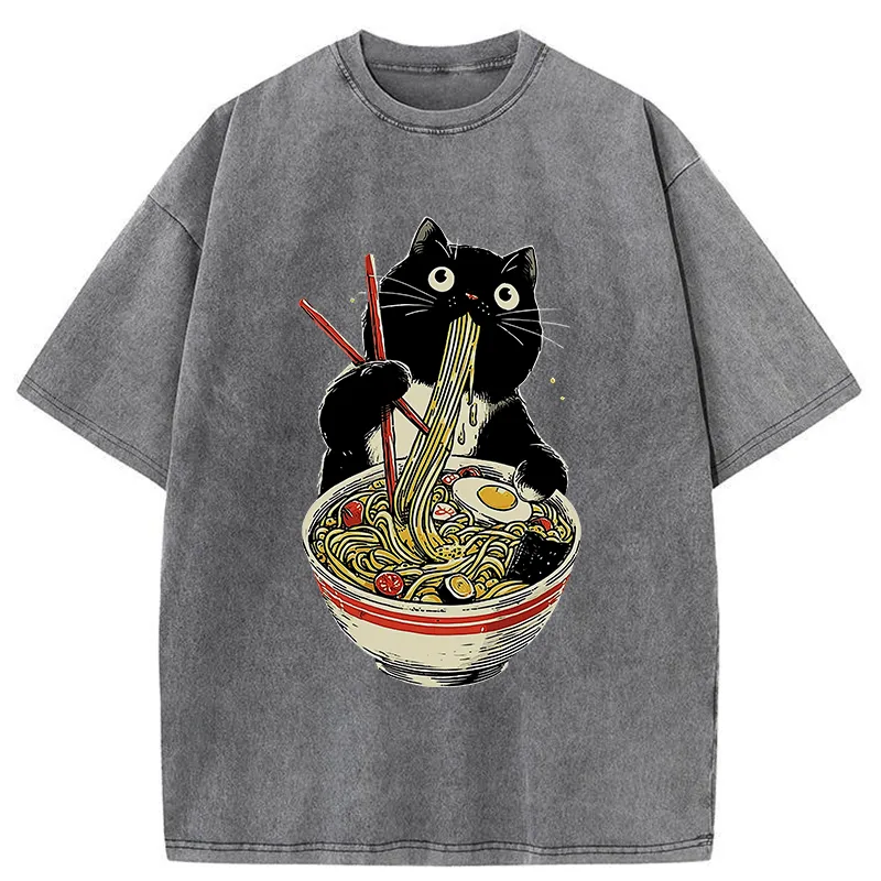 Tokyo-Tiger Black Cat Eats Ramen Japanese Washed T-Shirt