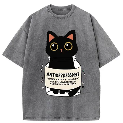 Tokyo-Tiger Antidepressant Black Cat Washed T-Shirt