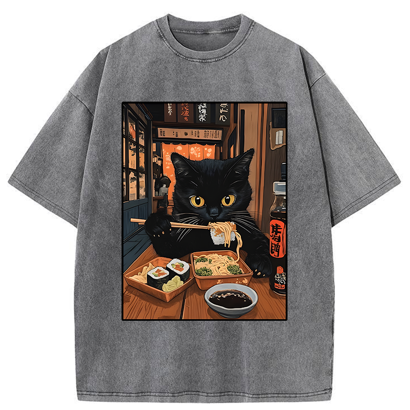 Tokyo-Tiger Black Cat Eating At Sushi Restaurant Washed T-Shirt