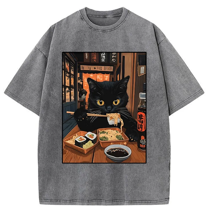 Tokyo-Tiger Black Cat Eating At Sushi Restaurant Washed T-Shirt