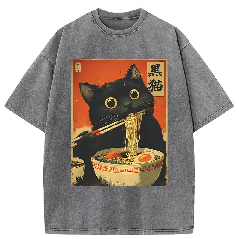 Tokyo-Tiger Black Cat Eats Japanese Ramen Retro Washed T-Shirt Sale