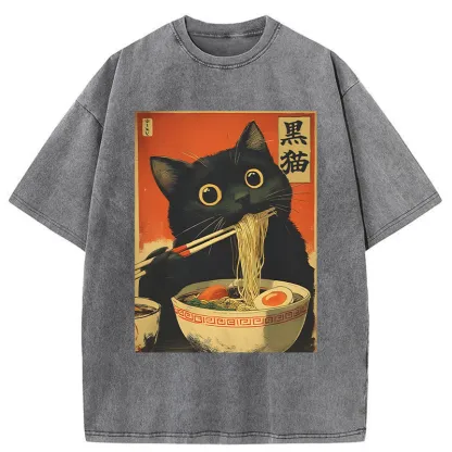 Tokyo-Tiger Black Cat Eats Japanese Ramen Retro Washed T-Shirt