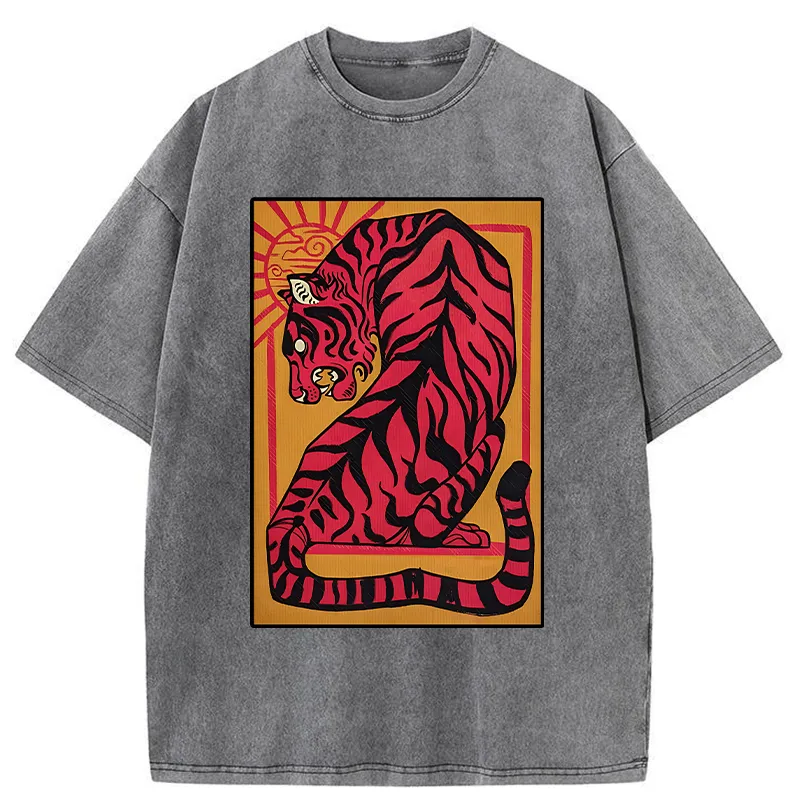 Tokyo-Tiger Powerful Tiger Woodcut Print Washed T-Shirt